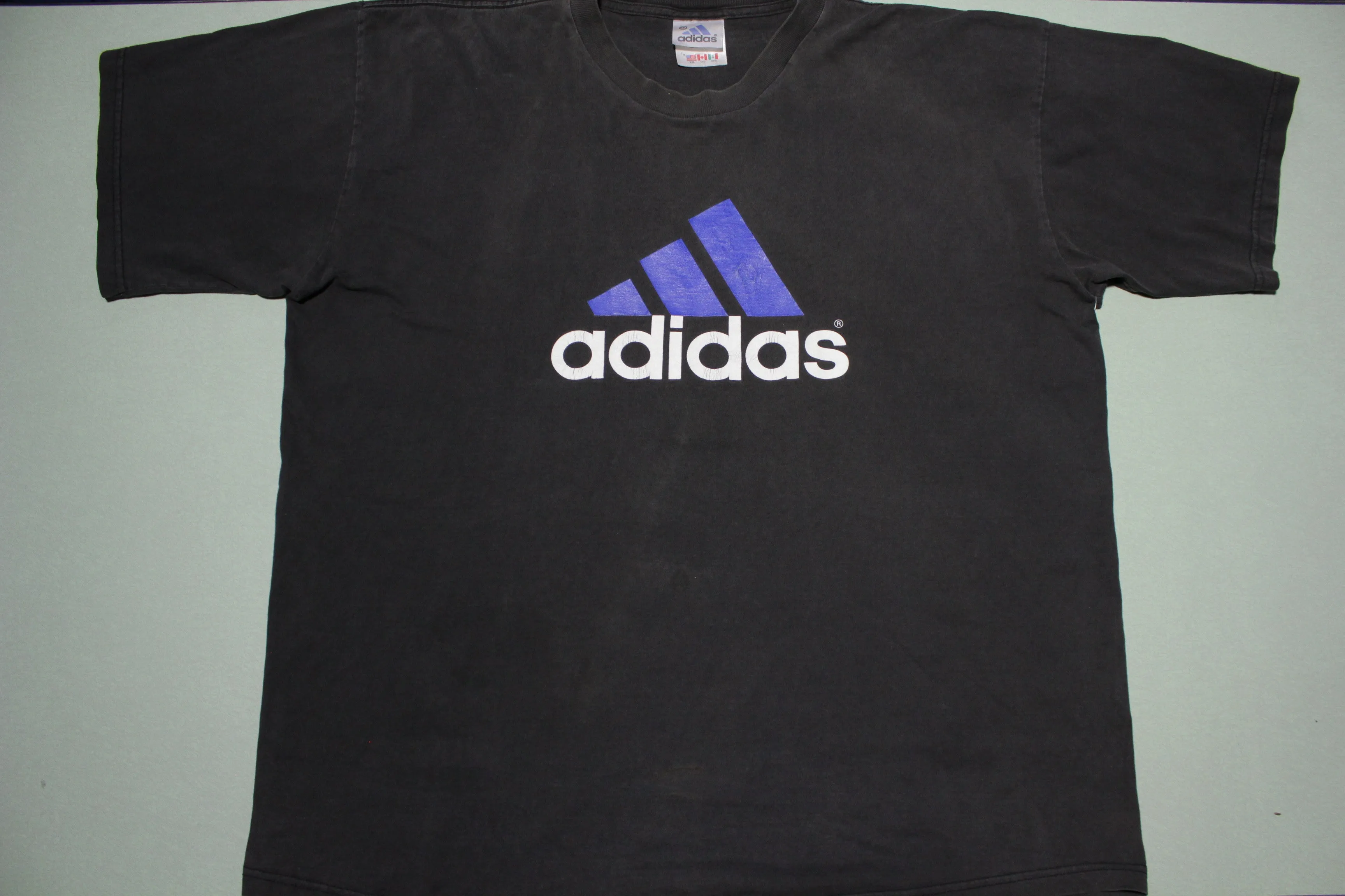 Adidas 1990's Flag Spellout Vintage Faded Black T-Shirt