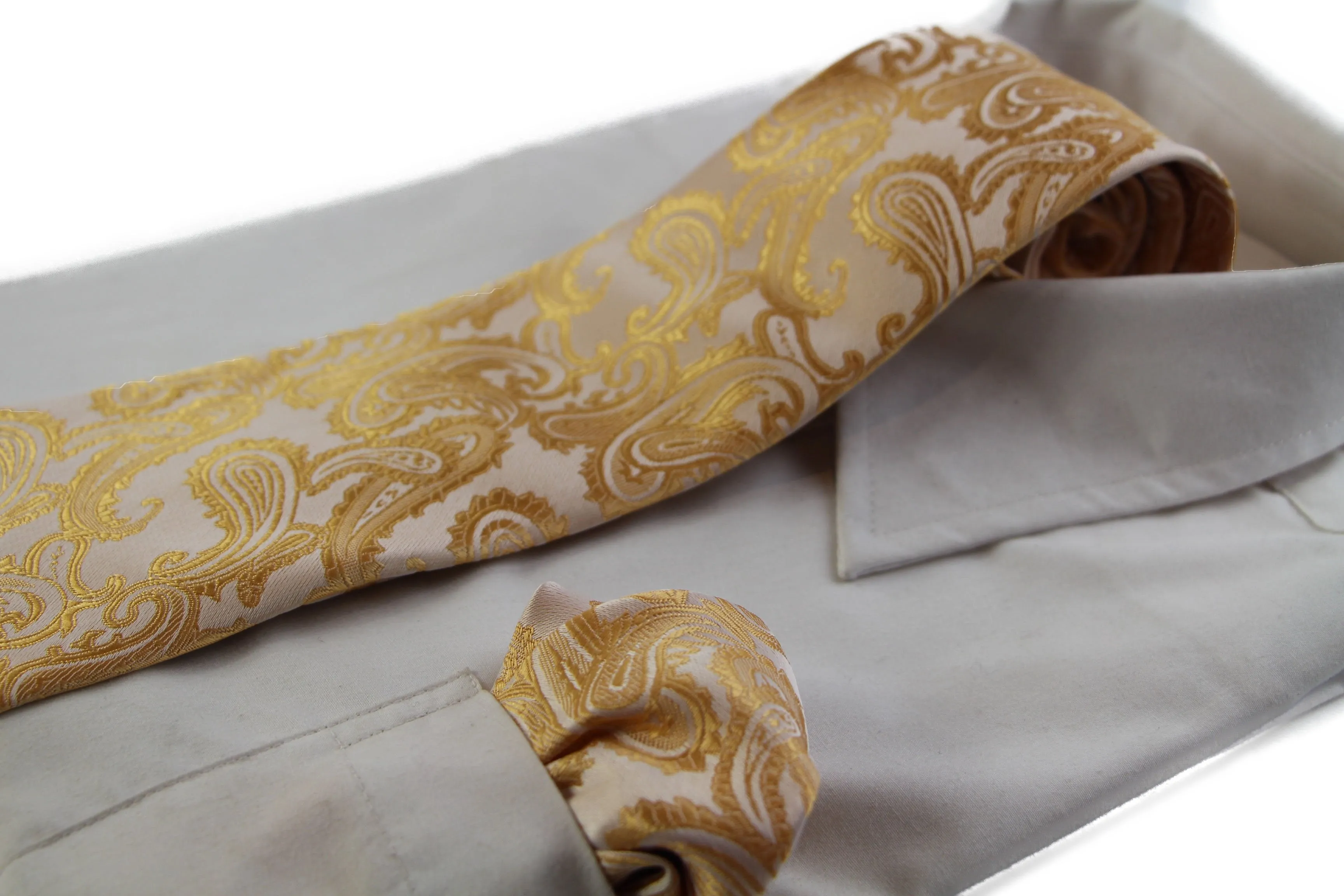 Mens Latte & Gold Paisley Patterned Neck Tie & Matching Pocket Square Set