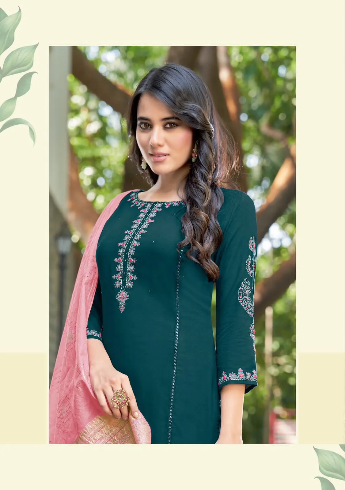 Appealing Teal Green Colored Heavy Rayon Embroidery And Handwork Palazzo Suits For Women