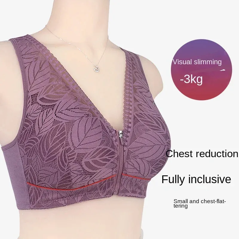 Soft Cotton Lace Large Size Bra for Women - Breathable Wireless Tank Top with Zipper