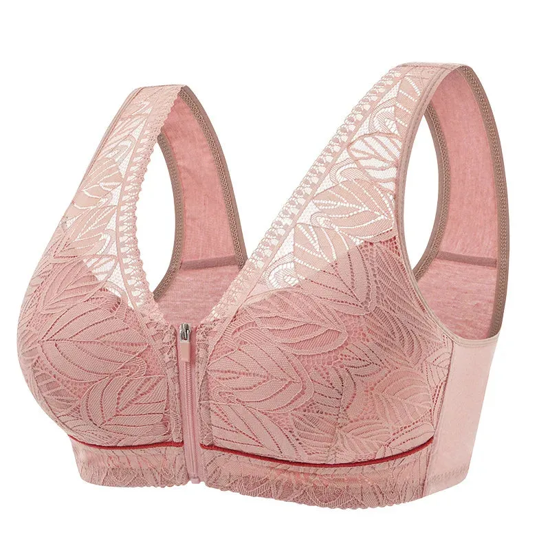 Soft Cotton Lace Large Size Bra for Women - Breathable Wireless Tank Top with Zipper