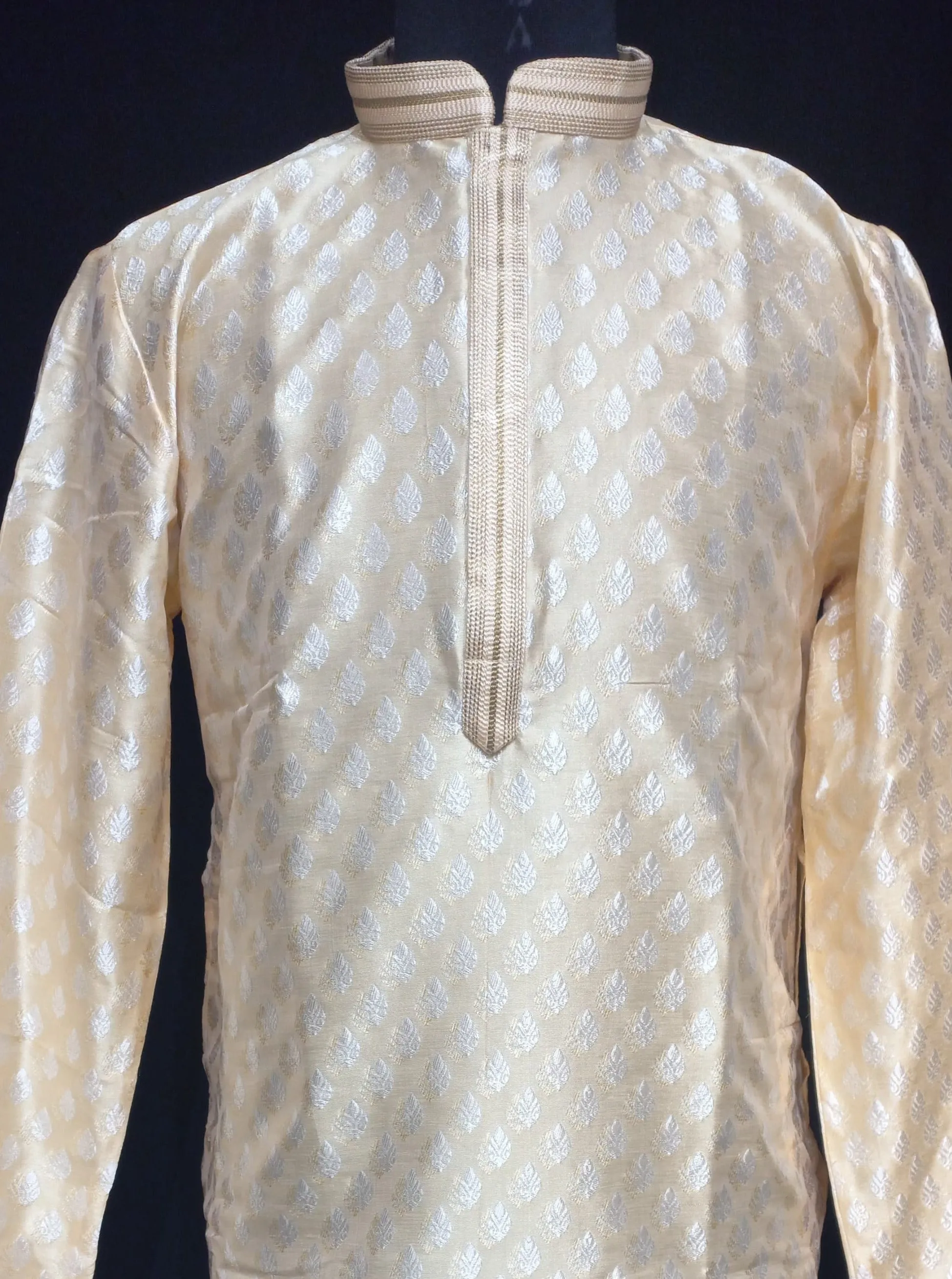 Stunning Cream Color Silver Zari Embroidery Work Banarasi Brocade Kurta Suits With Linning For Men