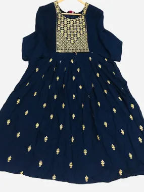 Attractive Blue Color Rayon Embroidery Work Kurti For Women