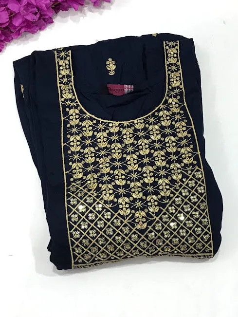 Attractive Blue Color Rayon Embroidery Work Kurti For Women