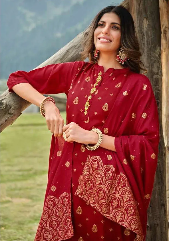 Attractive Red Colored Silk Jacquard Hand Work Salwar Suit Sets For Women