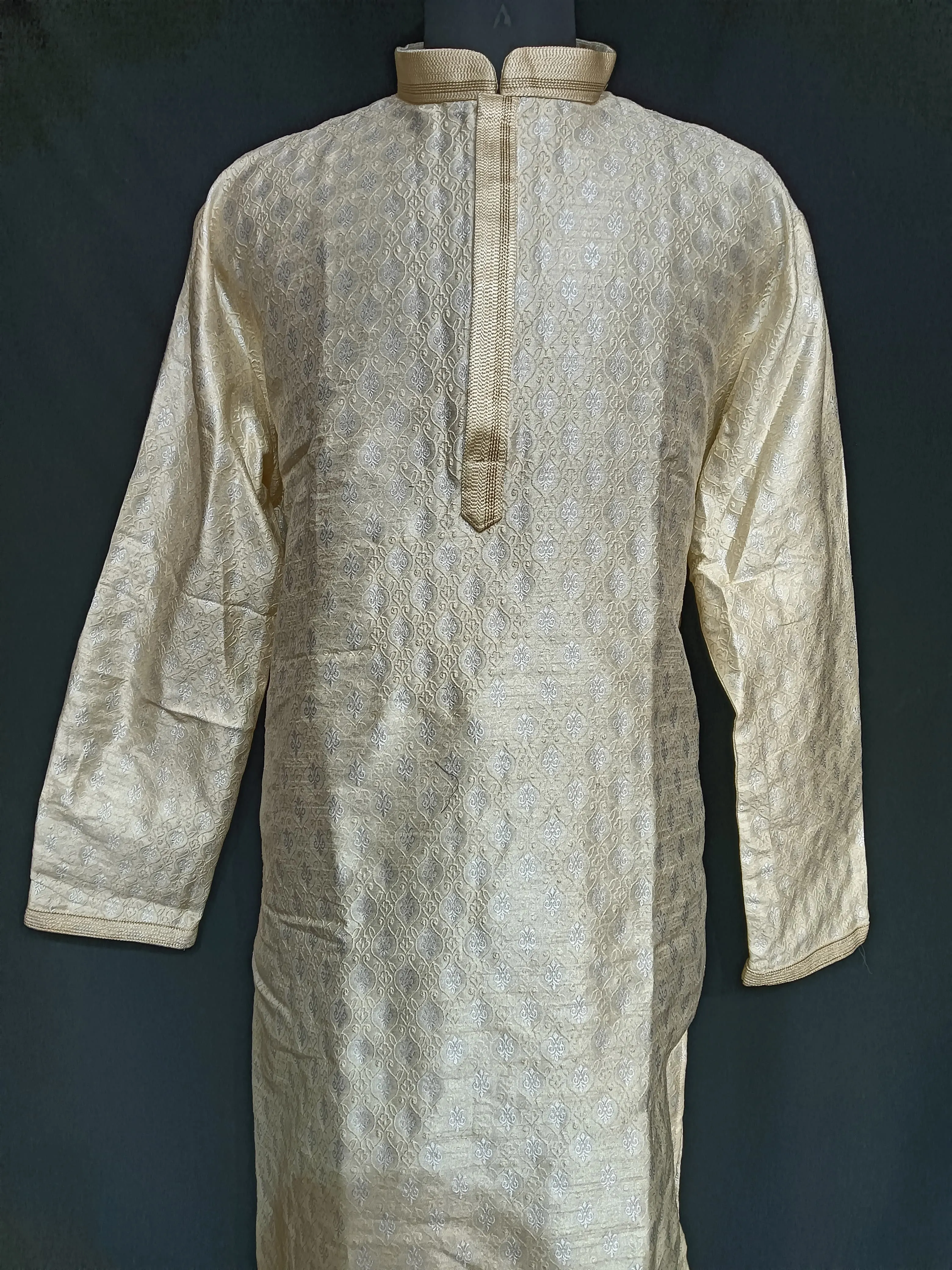 Beautiful Beige Colored Banarasi Brocade Kurta With Linning And Pajama Pant For Men