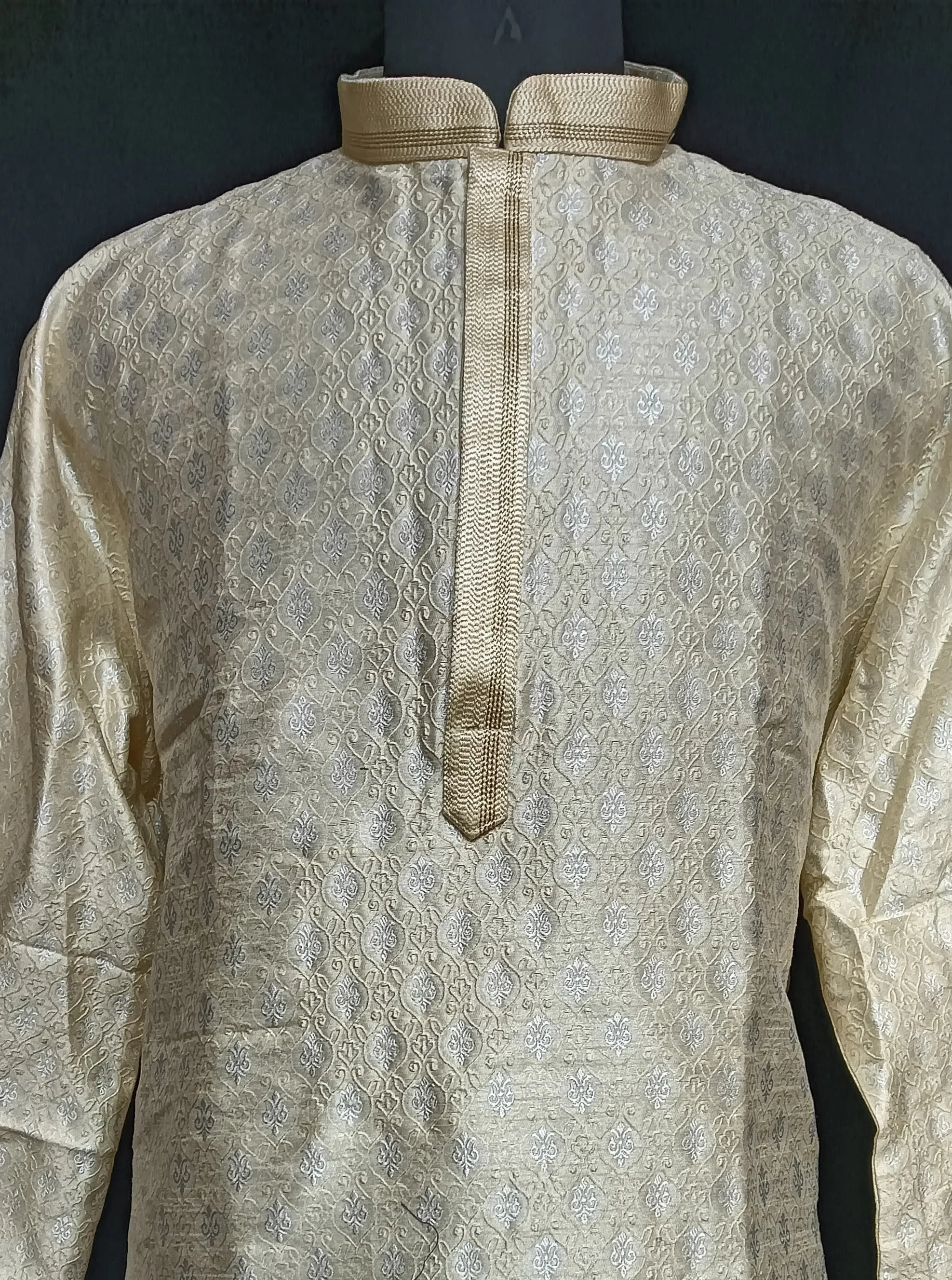 Beautiful Beige Colored Banarasi Brocade Kurta With Linning And Pajama Pant For Men