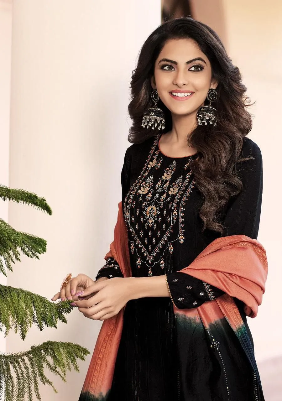 Beautiful Black Colored Kurti Suits With Embroidery And Heavy Khatli Work For Women