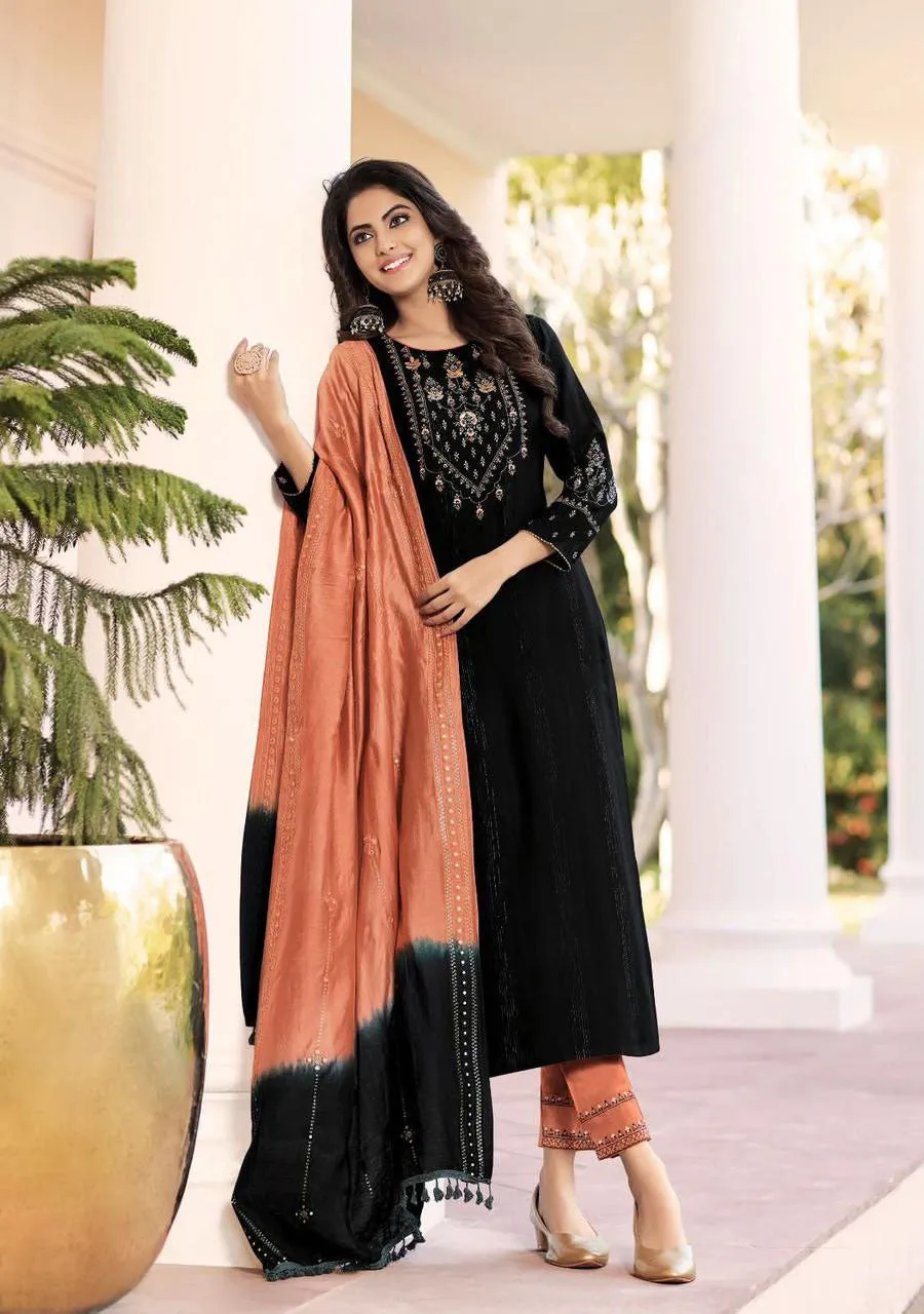 Beautiful Black Colored Kurti Suits With Embroidery And Heavy Khatli Work For Women