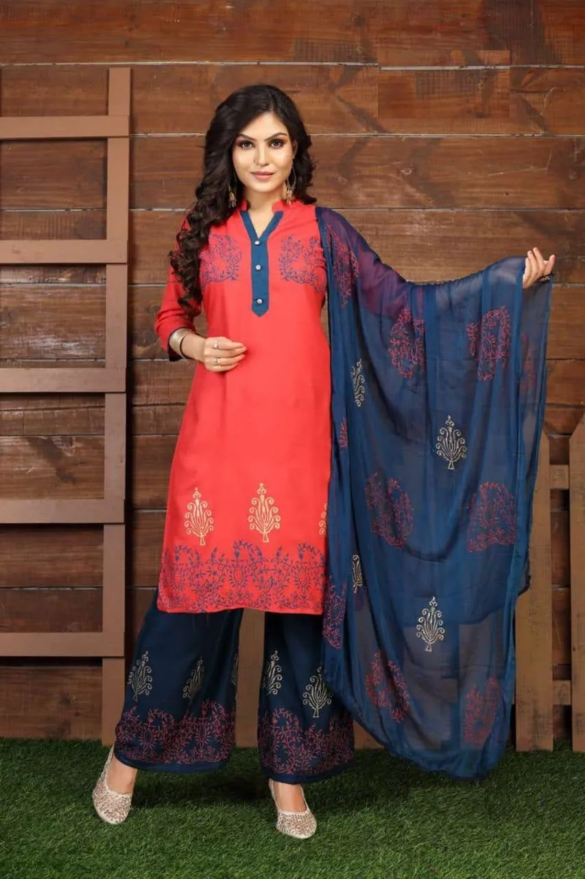 Beautiful Women Slub Rayon Printed Kurti Top With Palazzo Pants