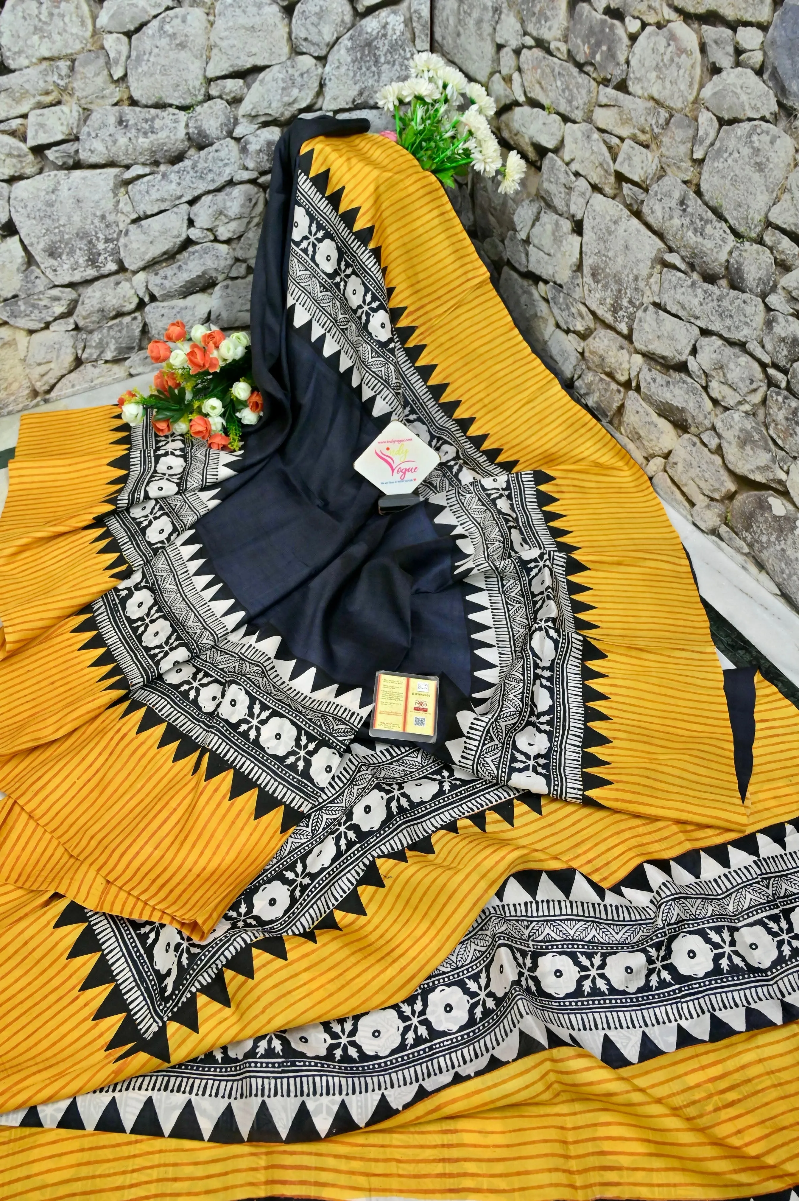 Black and Yellow Color Bishnupur Silk Saree with Hand Block Print