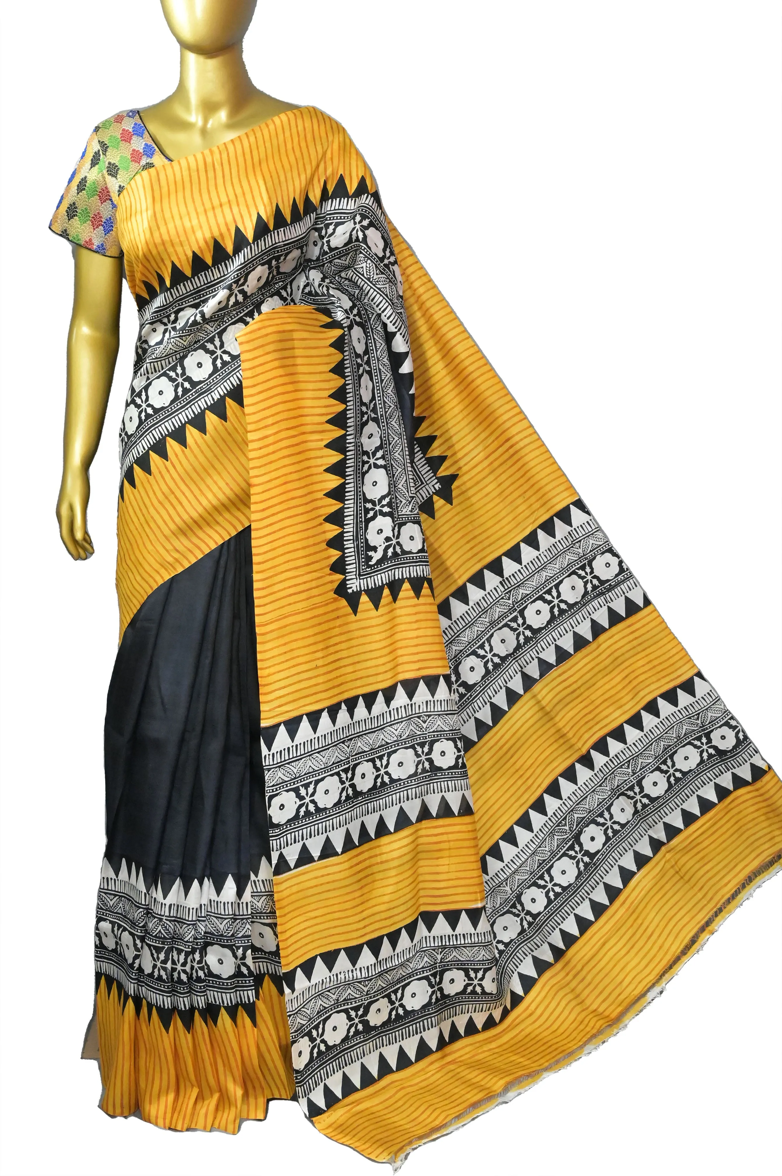 Black and Yellow Color Bishnupur Silk Saree with Hand Block Print