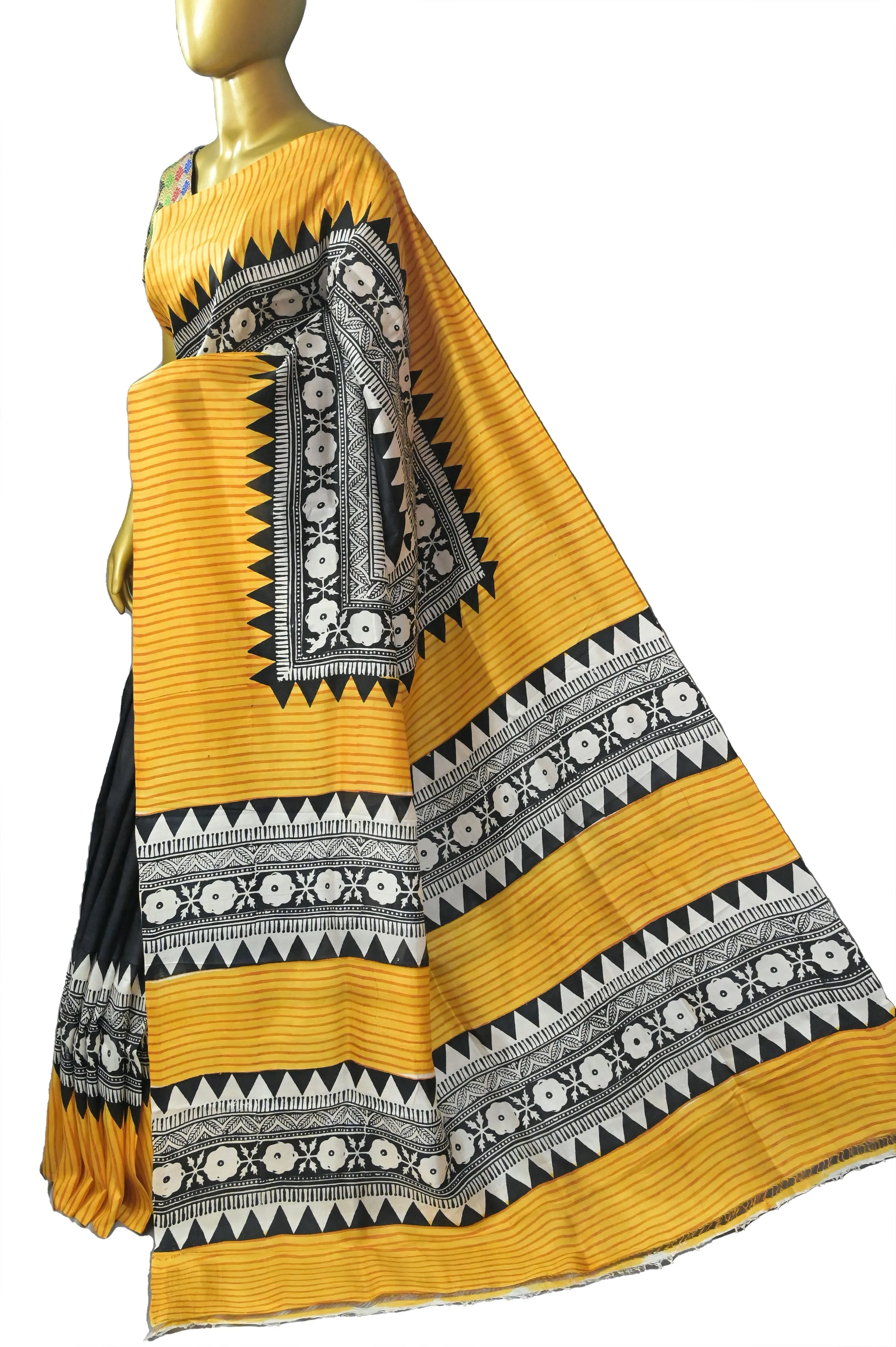 Black and Yellow Color Bishnupur Silk Saree with Hand Block Print