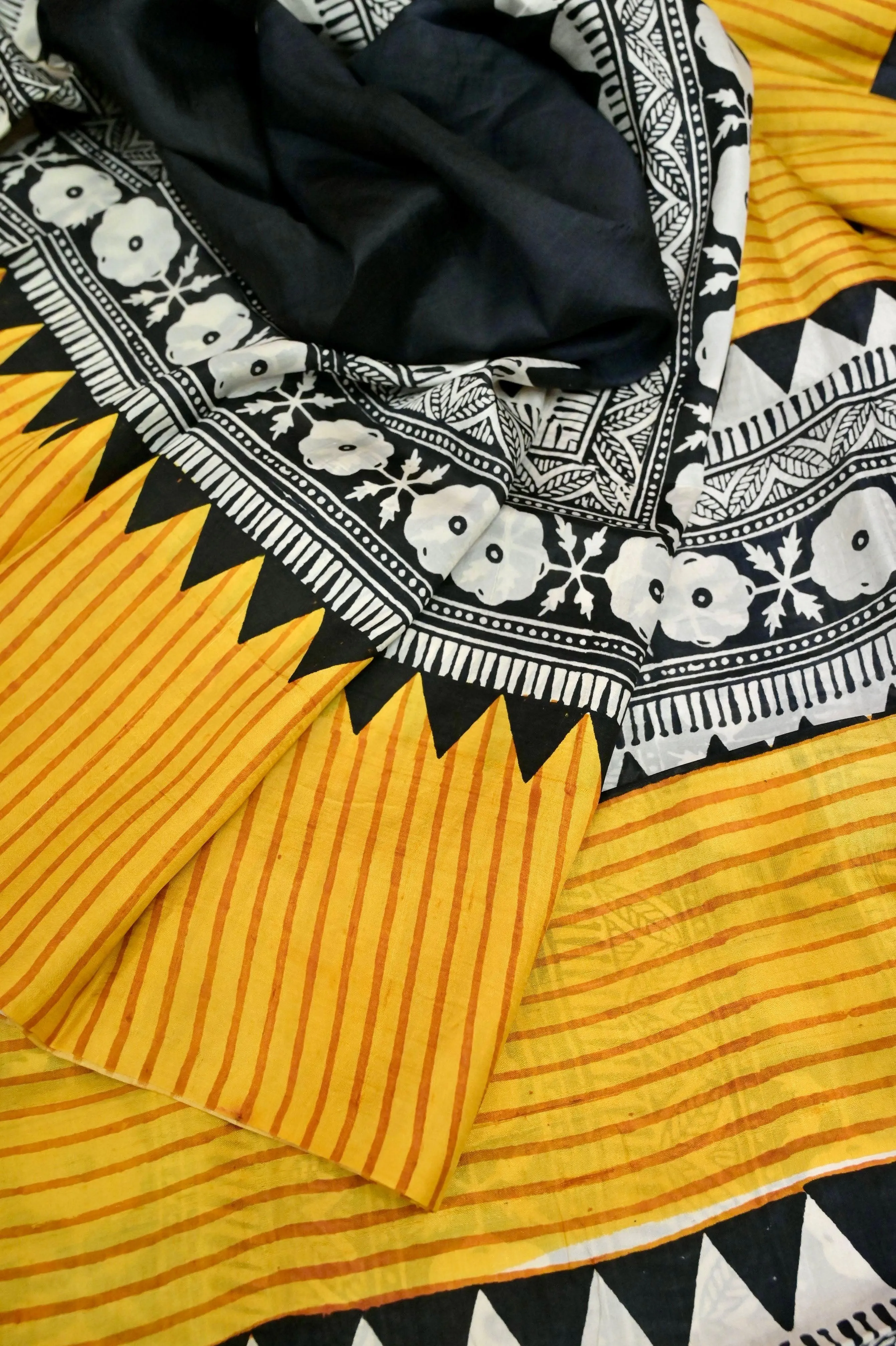 Black and Yellow Color Bishnupur Silk Saree with Hand Block Print