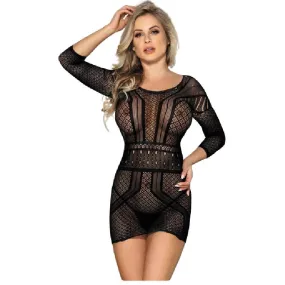 Black Crotchet Mesh Hollow Out Backless Mini Chemise Dress Shirt Stocking Short Sexy Bodystockings For Women