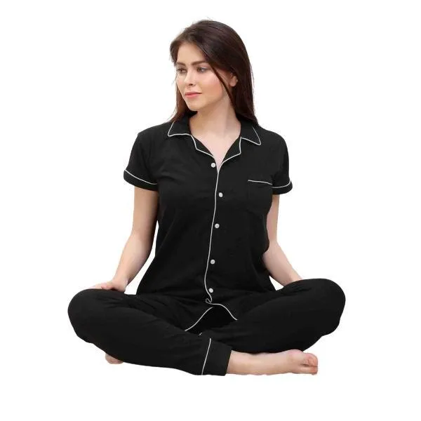 Black Silk Night Suits for Ladies | Front-Open Silk Loungewear & Sleepwear For Bridals