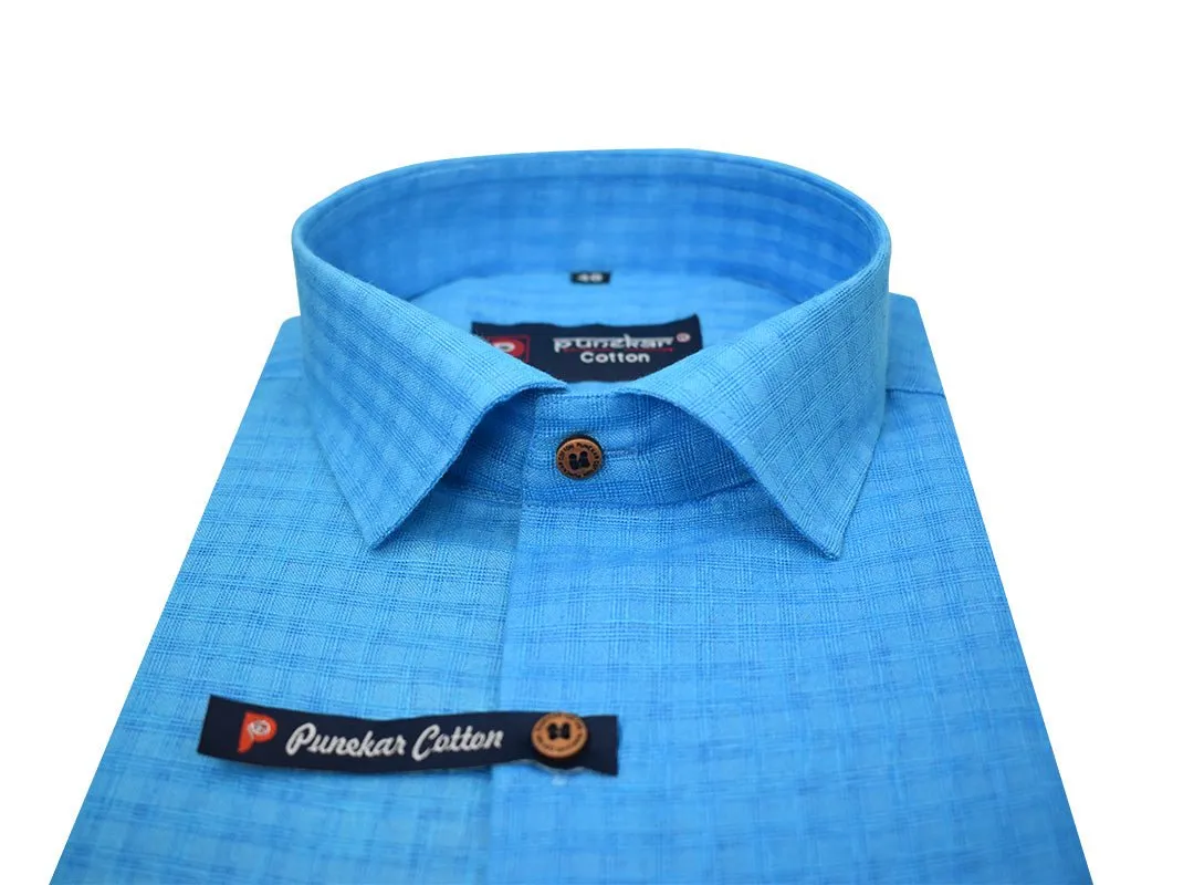 Blue Color Cotton Self Woven Checks Handmade Shirts For Men's