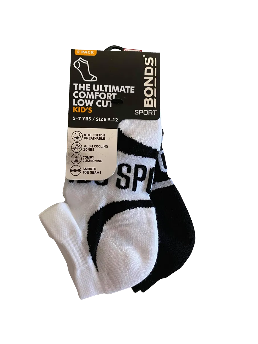 Bonds Kids Ultimate Comfort Low Cut 2 Pack Sock - White/Black