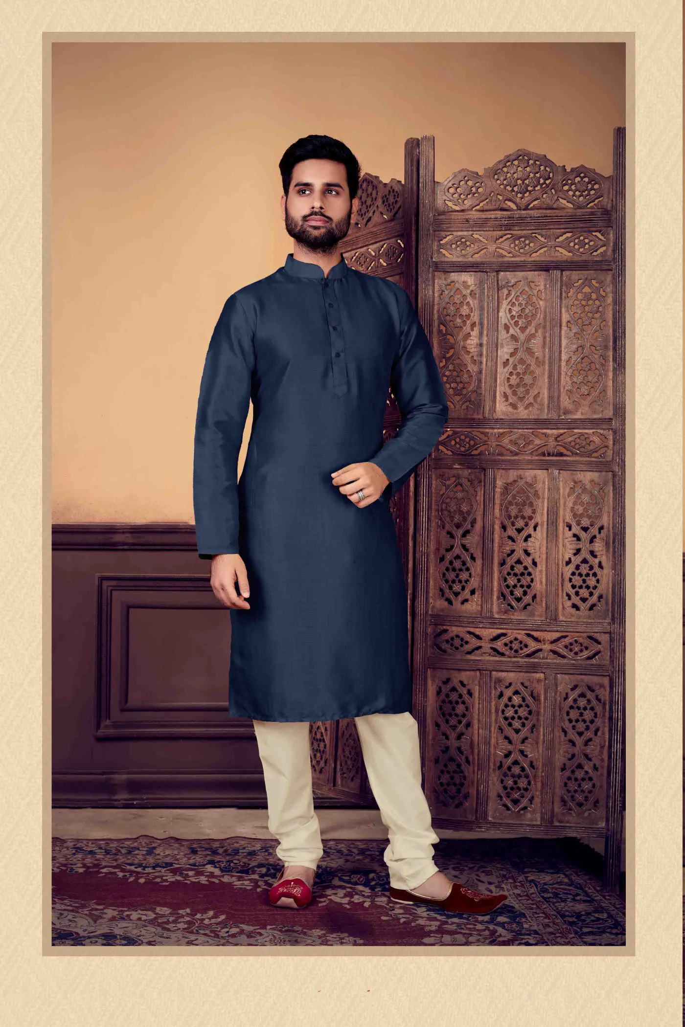 Dazzling Dark Blue Colored Poly Blend Kurta For Men