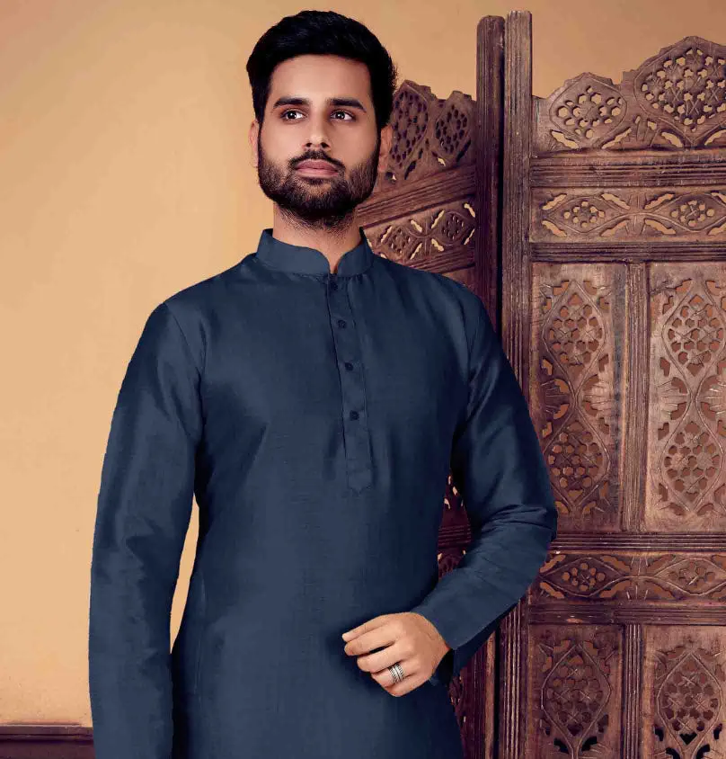 Dazzling Dark Blue Colored Poly Blend Kurta For Men