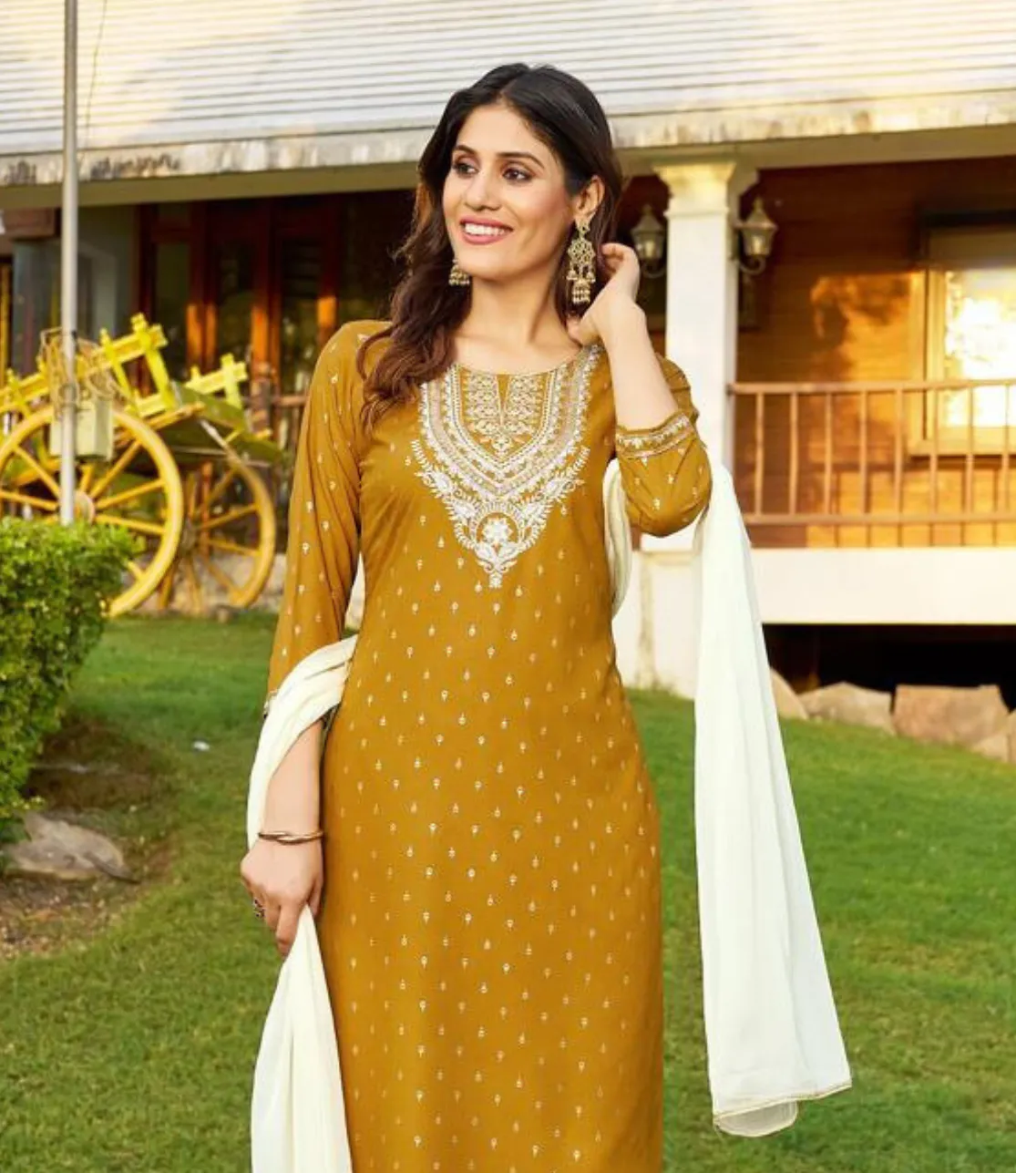 Charming Rayon With Classy Foil Print Embroidery Work Mustard Yellow Color Kurti Sets For Women