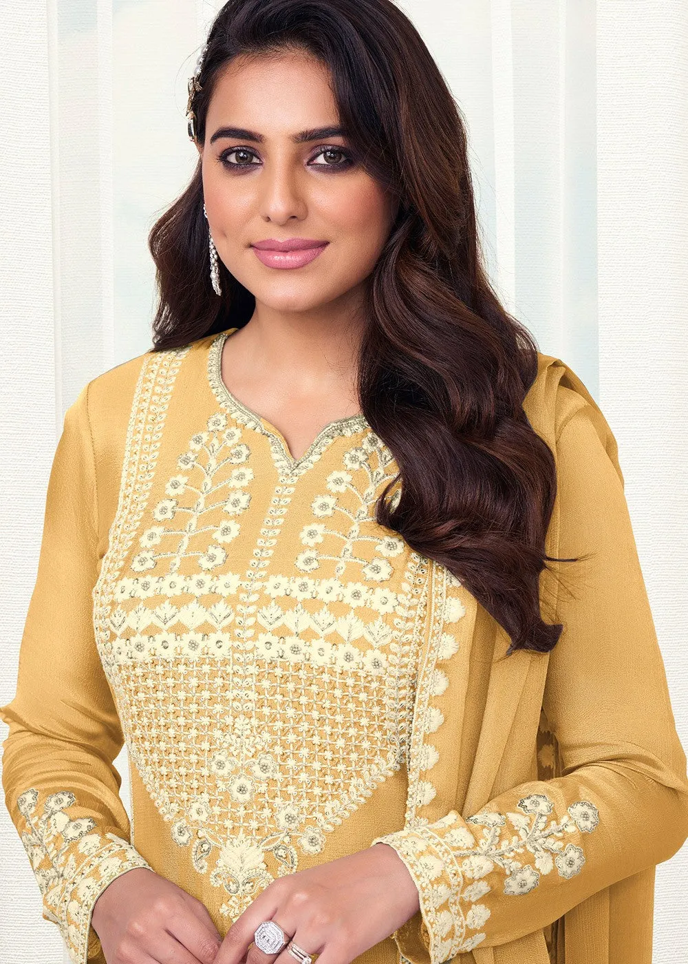 Charming Yellow Color Chinon With Thread Embroidery Work Designer Palazzo Suits For Women