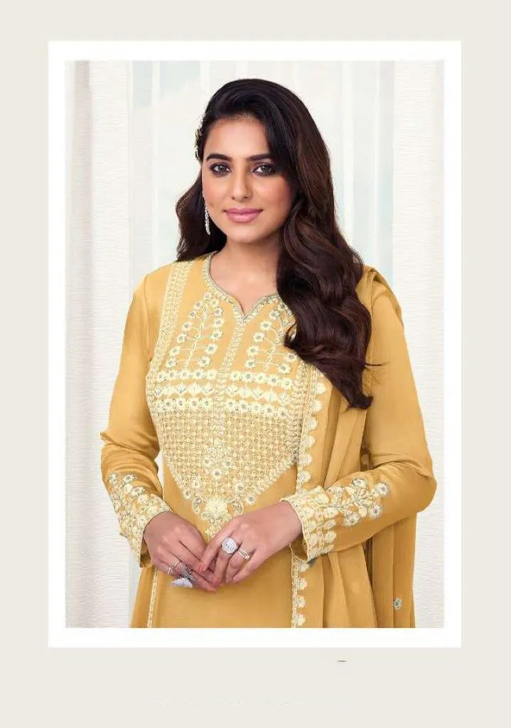 Charming Yellow Color Chinon With Thread Embroidery Work Designer Palazzo Suits For Women