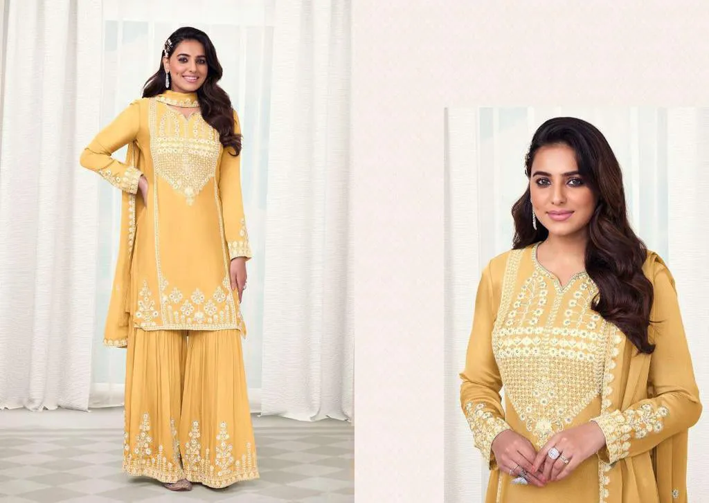 Charming Yellow Color Chinon With Thread Embroidery Work Designer Palazzo Suits For Women