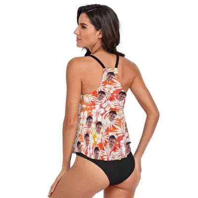 Custom Face Orange Gradient White Flower Tankini For Women 2 Pieces Swimsuit