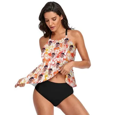 Custom Face Orange Gradient White Flower Tankini For Women 2 Pieces Swimsuit