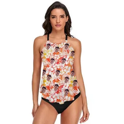 Custom Face Orange Gradient White Flower Tankini For Women 2 Pieces Swimsuit