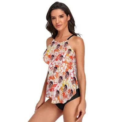 Custom Face Orange Gradient White Flower Tankini For Women 2 Pieces Swimsuit