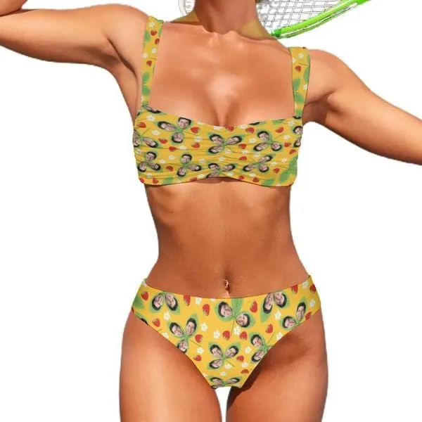 Custom Face Yellow Color Strawberry Bikini Personalized Women's Wide Shoulder Straps High Waist Bikini Set