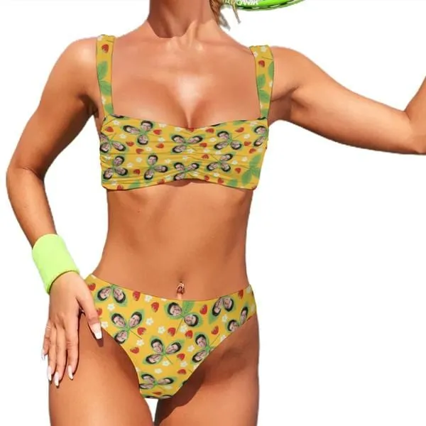 Custom Face Yellow Color Strawberry Bikini Personalized Women's Wide Shoulder Straps High Waist Bikini Set