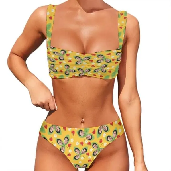 Custom Face Yellow Color Strawberry Bikini Personalized Women's Wide Shoulder Straps High Waist Bikini Set