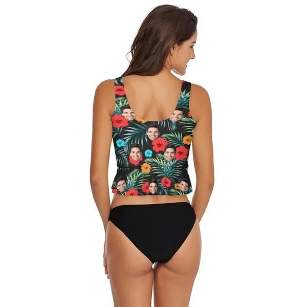 Custom Face Red Flower V-Neck Tankini For Women 2 Pieces Swimsuit