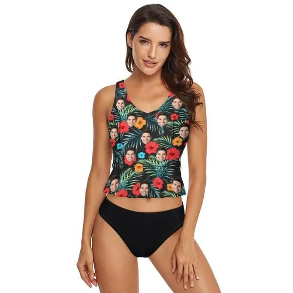 Custom Face Red Flower V-Neck Tankini For Women 2 Pieces Swimsuit