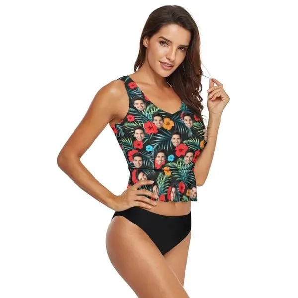 Custom Face Red Flower V-Neck Tankini For Women 2 Pieces Swimsuit