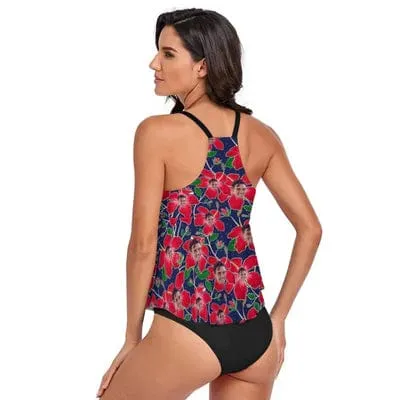 Custom Face Red Flower Tankini For Women 2 Pieces Swimsuit