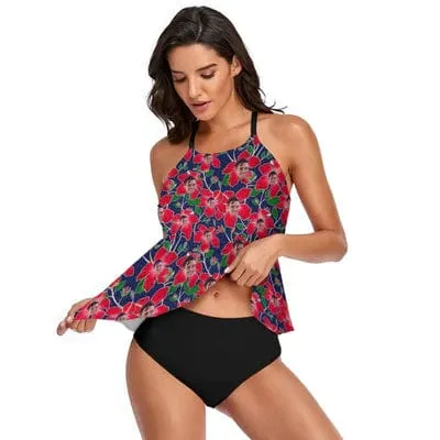 Custom Face Red Flower Tankini For Women 2 Pieces Swimsuit