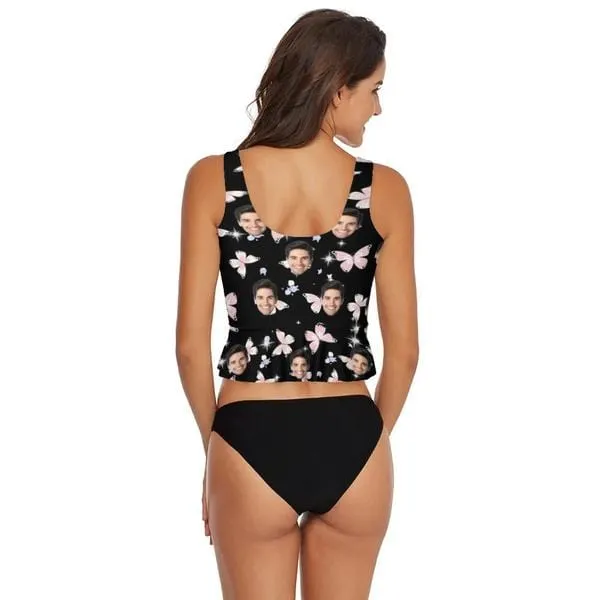 Custom Face Romantic Butterfly V-Neck Tankini For Women 2 Pieces Swimsuit