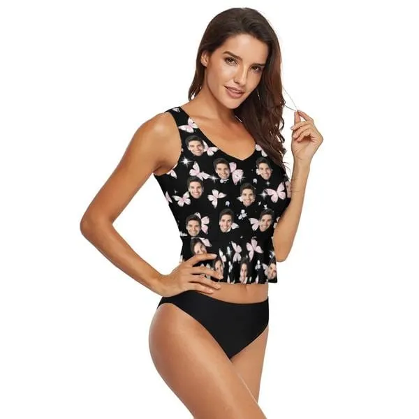 Custom Face Romantic Butterfly V-Neck Tankini For Women 2 Pieces Swimsuit