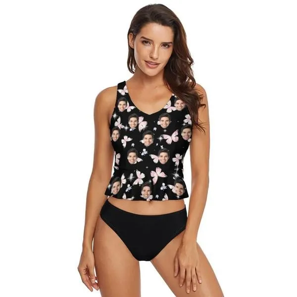 Custom Face Romantic Butterfly V-Neck Tankini For Women 2 Pieces Swimsuit