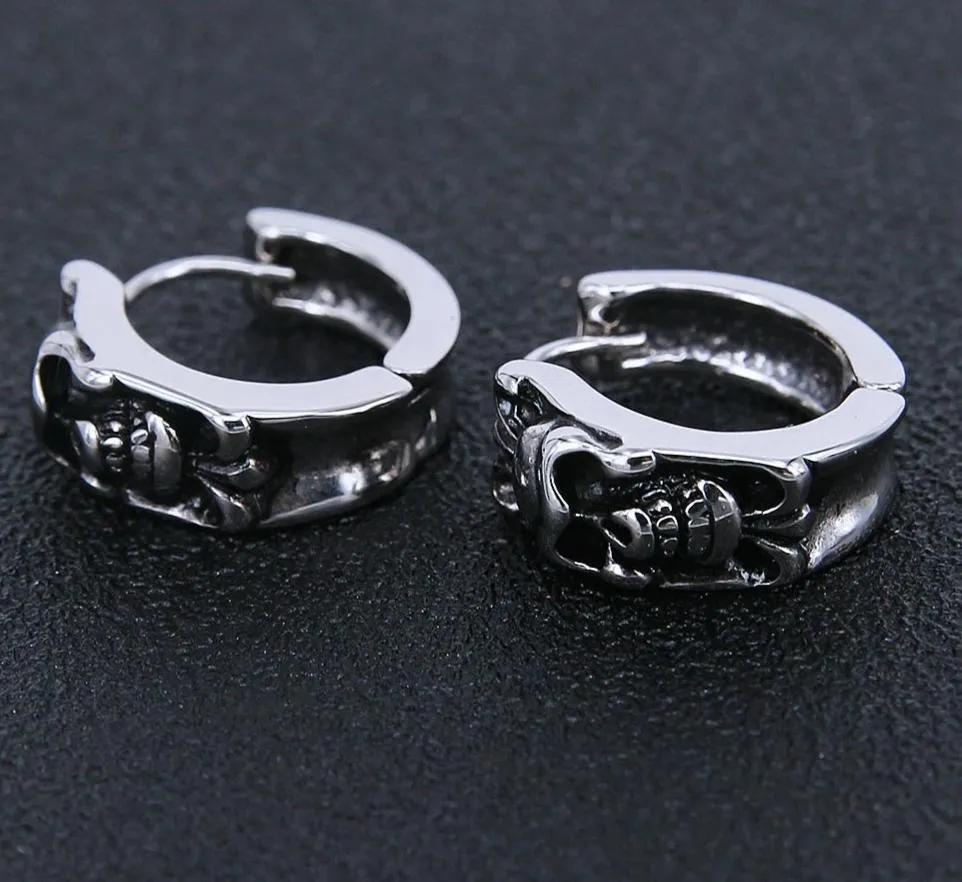 Men's Stainless Steel Black Skull Small Hoop Earrings