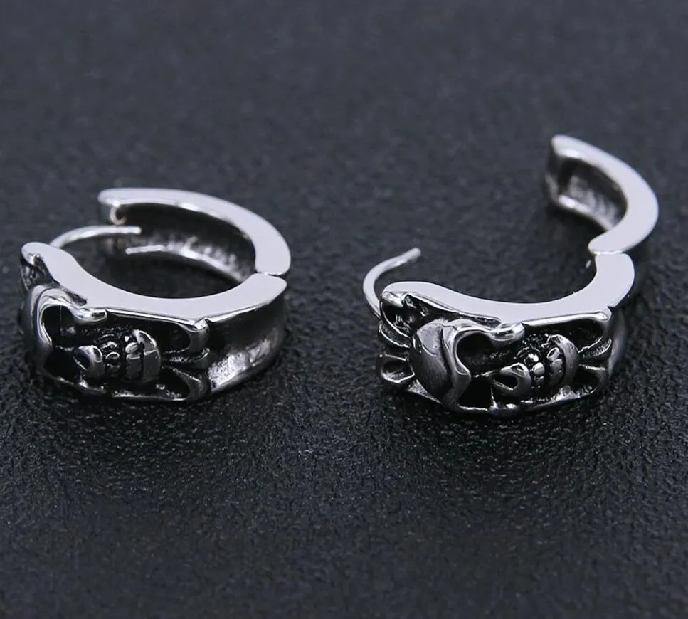 Men's Stainless Steel Black Skull Small Hoop Earrings