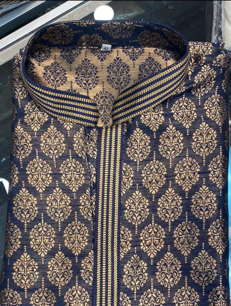 Dazzling Navy Blue Color Brocade Kurta Suits For Men