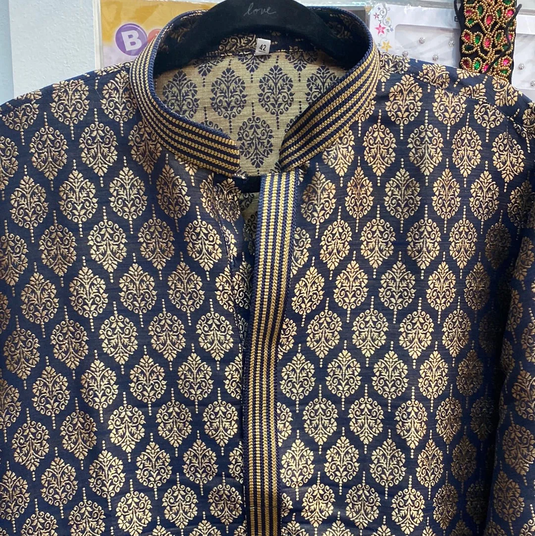 Dazzling Navy Blue Color Brocade Kurta Suits For Men