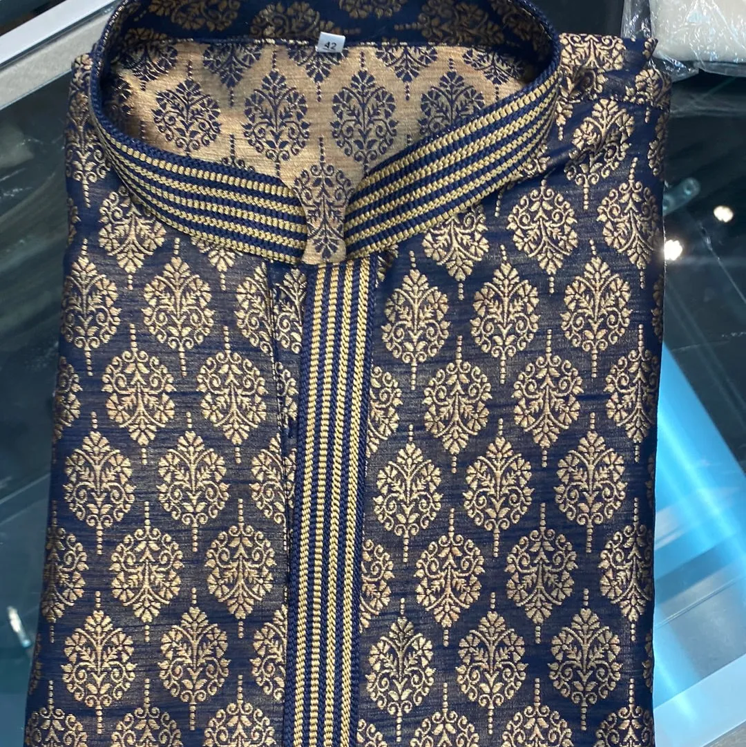 Dazzling Navy Blue Color Brocade Kurta Suits For Men