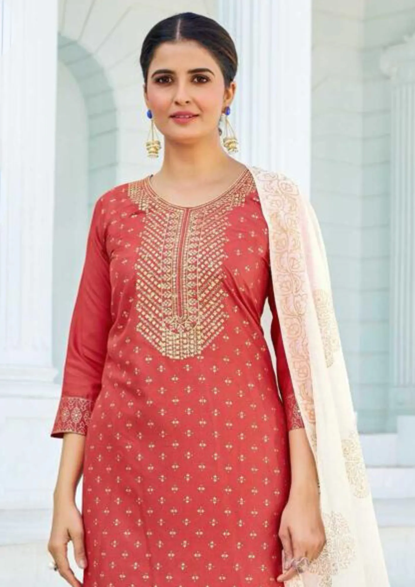 Delightful Red Color Foil Print With Rayon Kurti And Dupatta Sets For Women