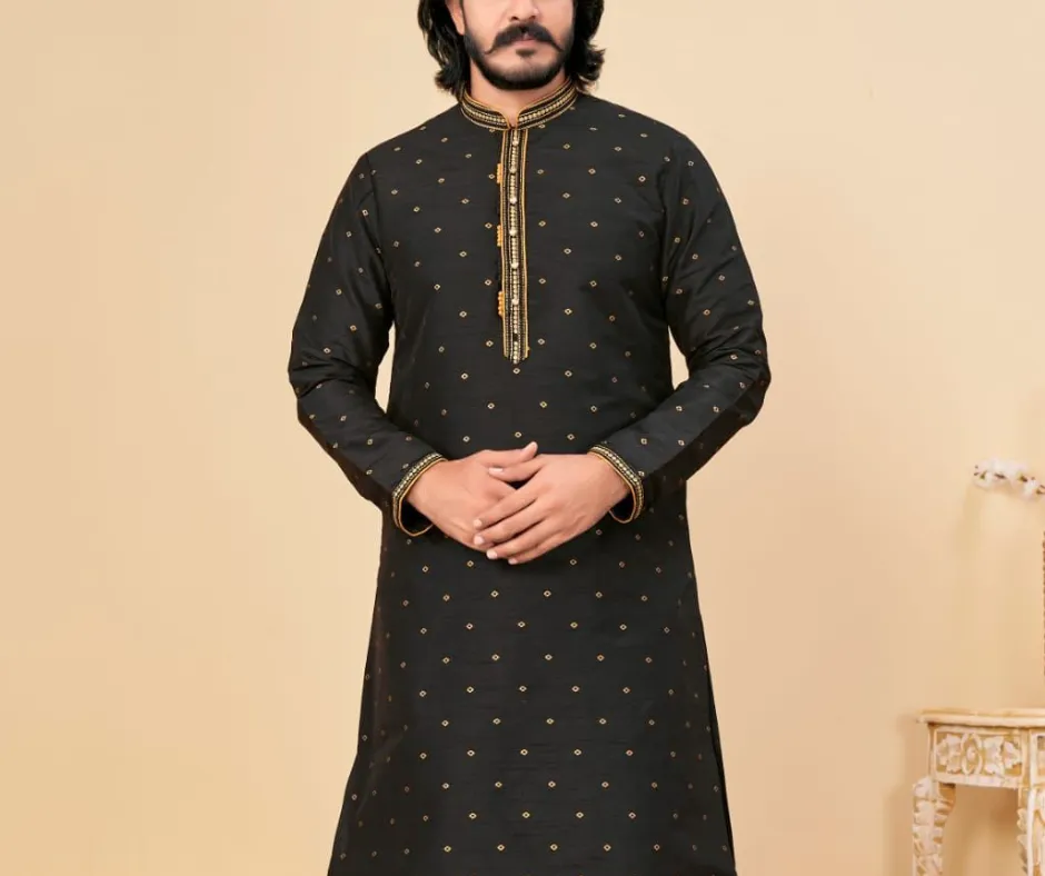 Elegant Black Color Fancy Kurta Suit With Pajama Set For Men